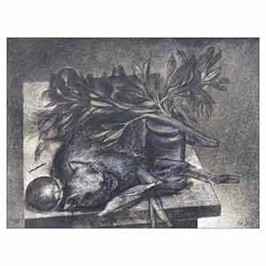 Gilles Le Dez, chat-mort-table,  x cm, techniques mixtes, papier, 1988