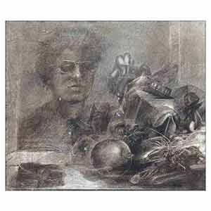 Gilles Le Dez, nature-morte-miroir,  x cm, techniques mixtes, papier, 1989