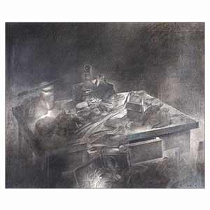 Gilles Le Dez, table-amoncelement,  x cm, techniques mixtes, papier, 1989