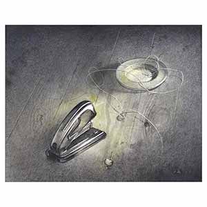 Gilles Le Dez, agrafeuse-toton-assiette,  x cm, techniques mixtes, papier, 1992
