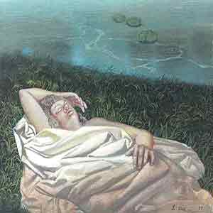 Gilles Le Dez, sommeil-drap-etang,  x cm, techniques mixtes, papier, 1997