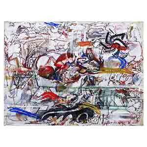 Gilles Le Dez, ville-symboles, techniques mixtes, toile, 2015.
